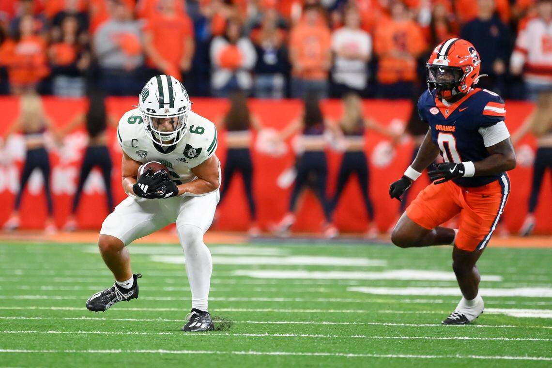 Ohio wide receiver Coleman Owen (6) caught 10 passes for 137 yards in the Bobcats’ 38-22 loss at Syracuse in the 2024 season opener.