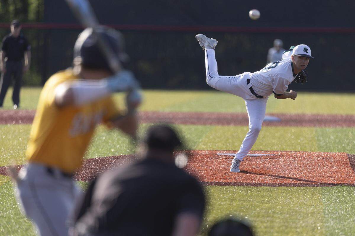 Great Crossing's Collier Curtis (19) pitches during the 11th Region Baseball Tournament Championship at George Rogers Clark High School in Winchester, Ky., on Thursday, May 28, 2026.