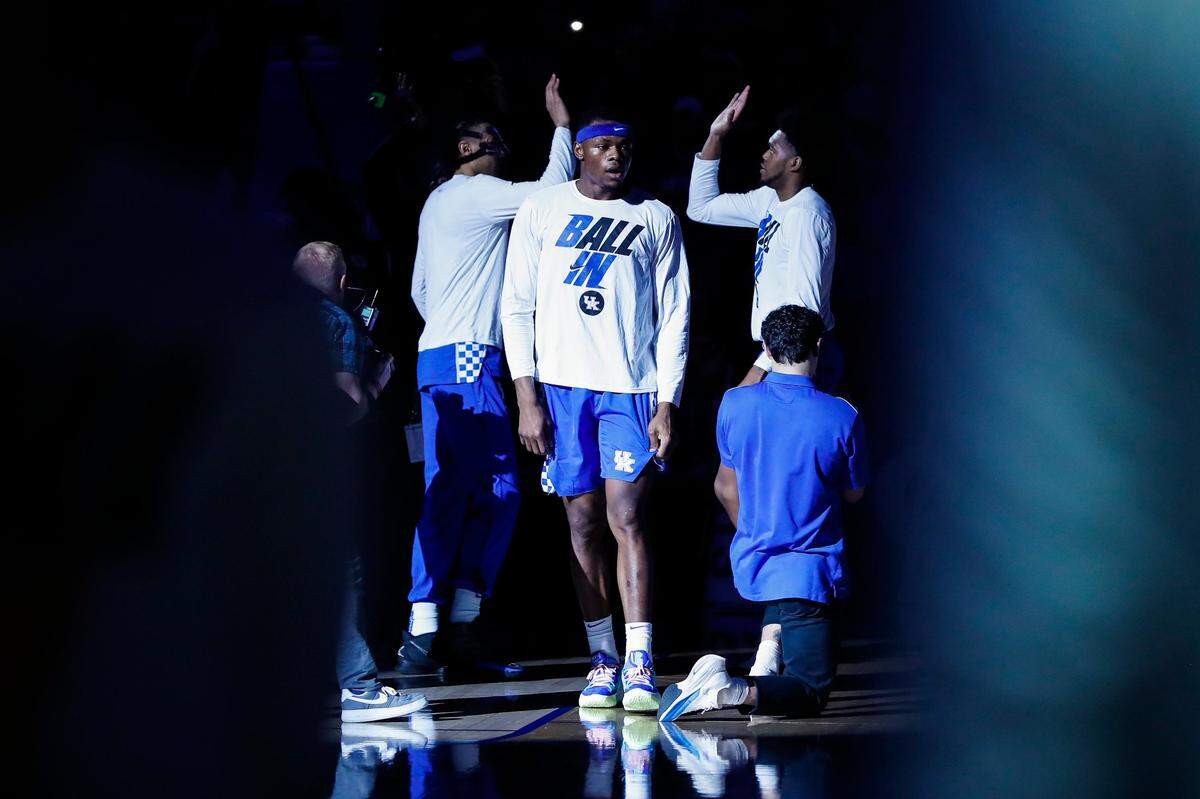 Kentucky’s Oscar Tshiebwe takes the floor for introductions before the Wildcats lost to Tennessee in the SEC Tournament semifinals in Tampa, Fla., on Saturday. The Wildcats open NCAA Tournament play Thursday night against Saint Peter’s.