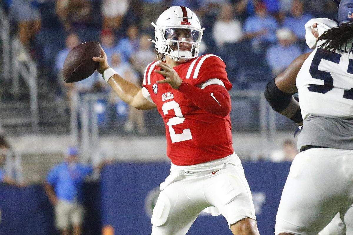 Mississippi quarterback Jaxson Dart (2) has thrown for 1,554 yards in the Rebels’ first four games. It is the most by an SEC quarterback in a season’s initial four games since Kentucky’s Tim Couch threw for 1,577 yards in the first four contests of 1998.