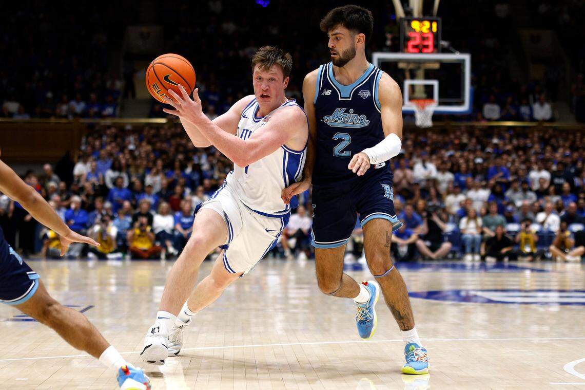 Through two contests, Duke freshman Kon Knueppel (7) leads the Blue Devils in scoring at 18.5 points a game.