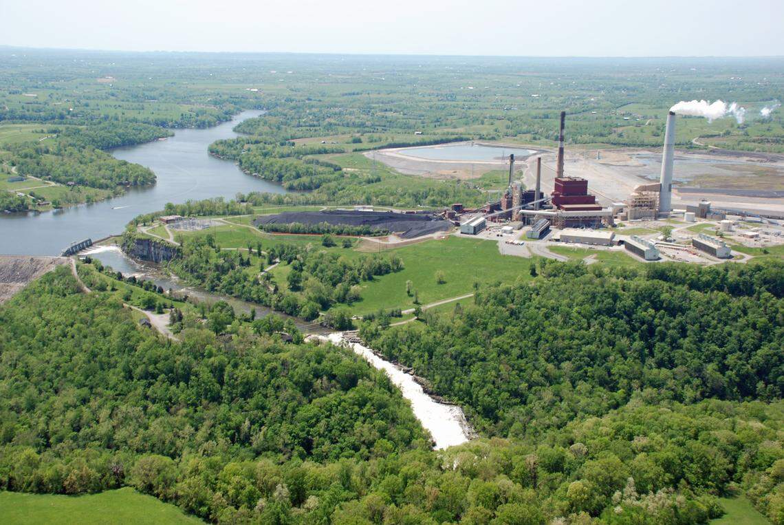 Aerial photo of the Dix Dam, adjacent to the E.W. Brown Generating Station in Mercer County showing the release of water from Herrington Lake into the Dix River on Saturday April 30, 2011. The generating station is adjacent to a property being marketed for a data center development.