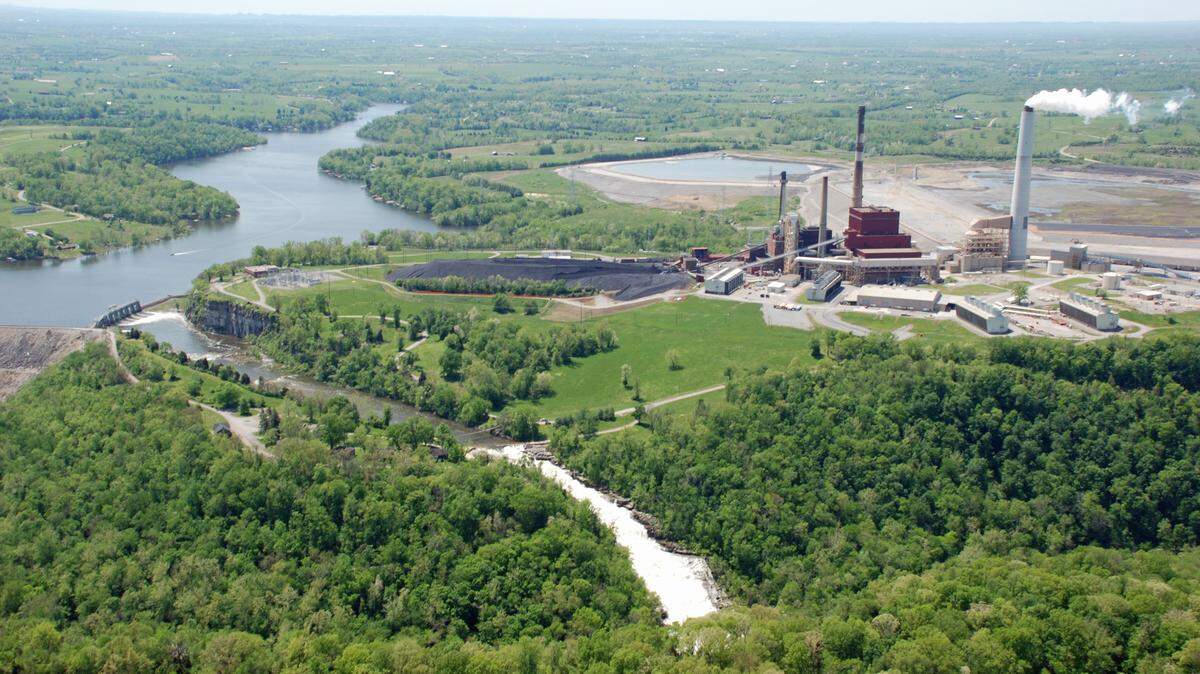 Aerial photo of the Dix Dam, adjacent to the E.W. Brown Generating Station in Mercer County showing the release of water from Herrington Lake into the Dix River on Saturday April 30, 2011. Photo by Faron Collins”


