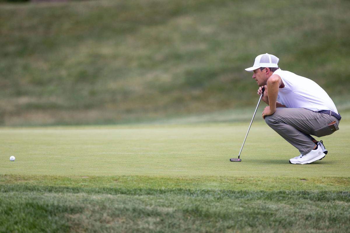 Cooper Musselman prepares to putt his ball at the 6th hole during the third round of the 2024 ISCO Championship at Champions at Keene Trace Golf Club in Nicholasville, Ky., on Saturday, July 13, 2024. Musselman finished the event in a tie for 31st place.