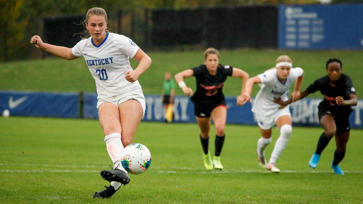 Kentucky forward Jordyn Rhodes scores a penalty kick goal during UK’s 1-1 home draw with Georgia last season. Since 2019, Rhodes has scored more goals than any other Southeastern Conference player.