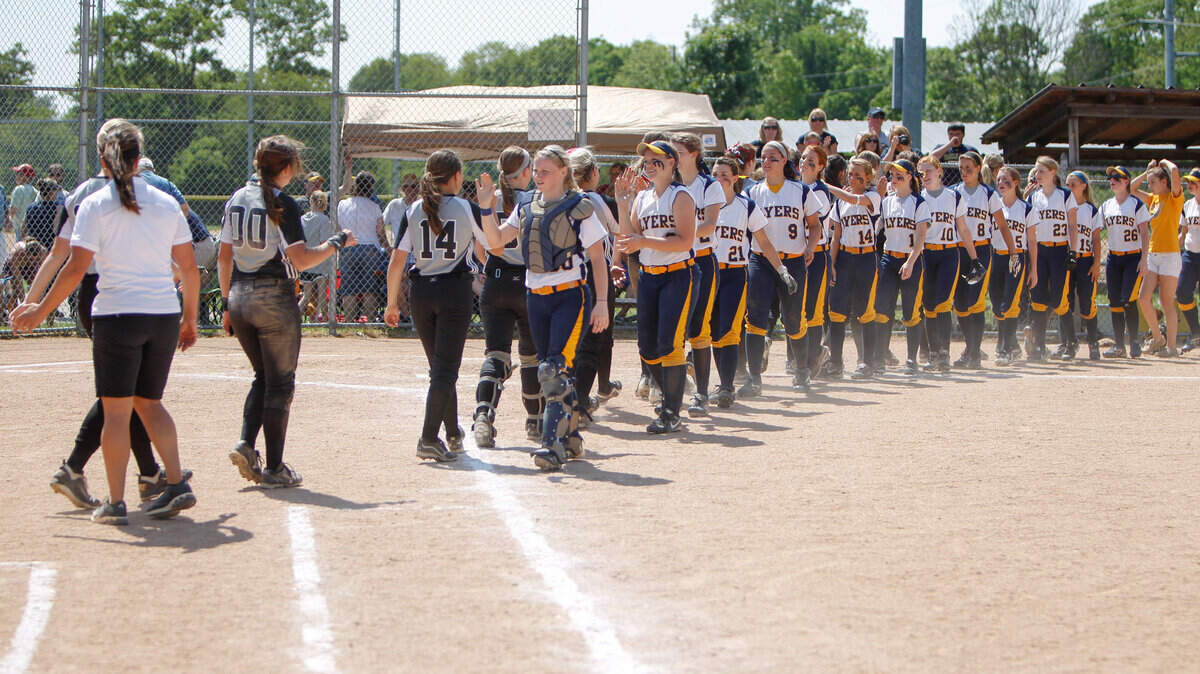The end of the line? Franklin County and Dunbar teams took part in a traditional — and civil — post-game handshake after a tournament game in May.