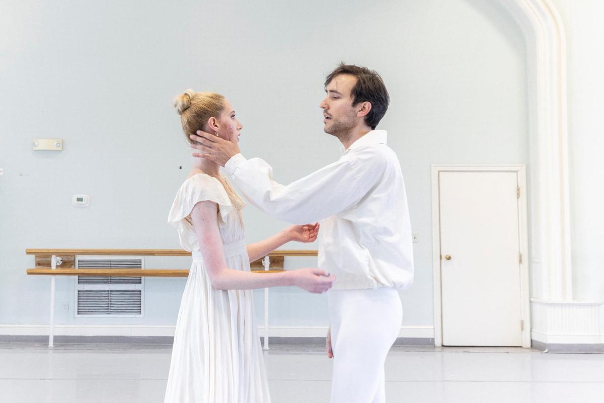 Eric Trope and Kayleigh Western rehearse at the LexArts building in downtown Lexington, Ky., on Monday, Feb. 5, 2024, for Lexington Ballet Company’s upcoming performance of Love Stories at the Opera House. The productions will be a mixed repertoire presenting a variety of “love” stories featuring Emmy Award winner Kentuckian Ben Sollee and guest choreographer Eric Trope.