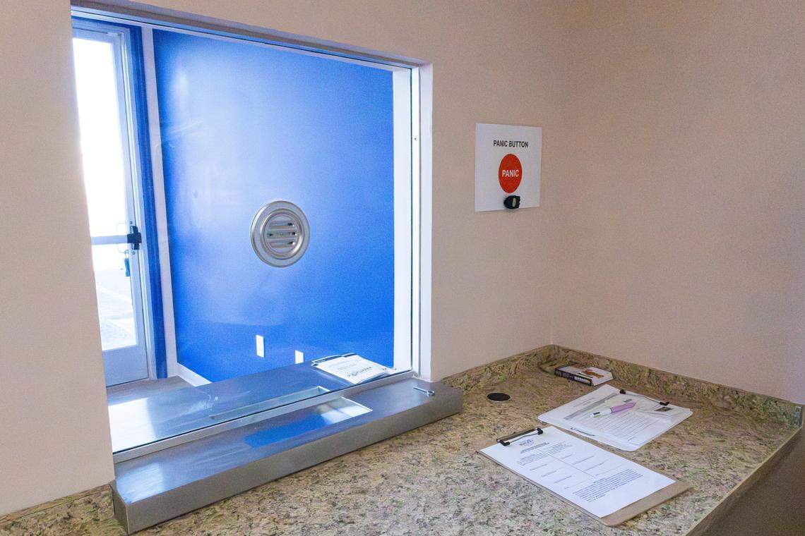 Customers will interact with a company representative through a service window, behind a secure door at Blue Sage, a new medical marijuana dispensary set to open on 172 Imperial Way, in Nicholasville, Ky,  on Jan. 12, 2026.