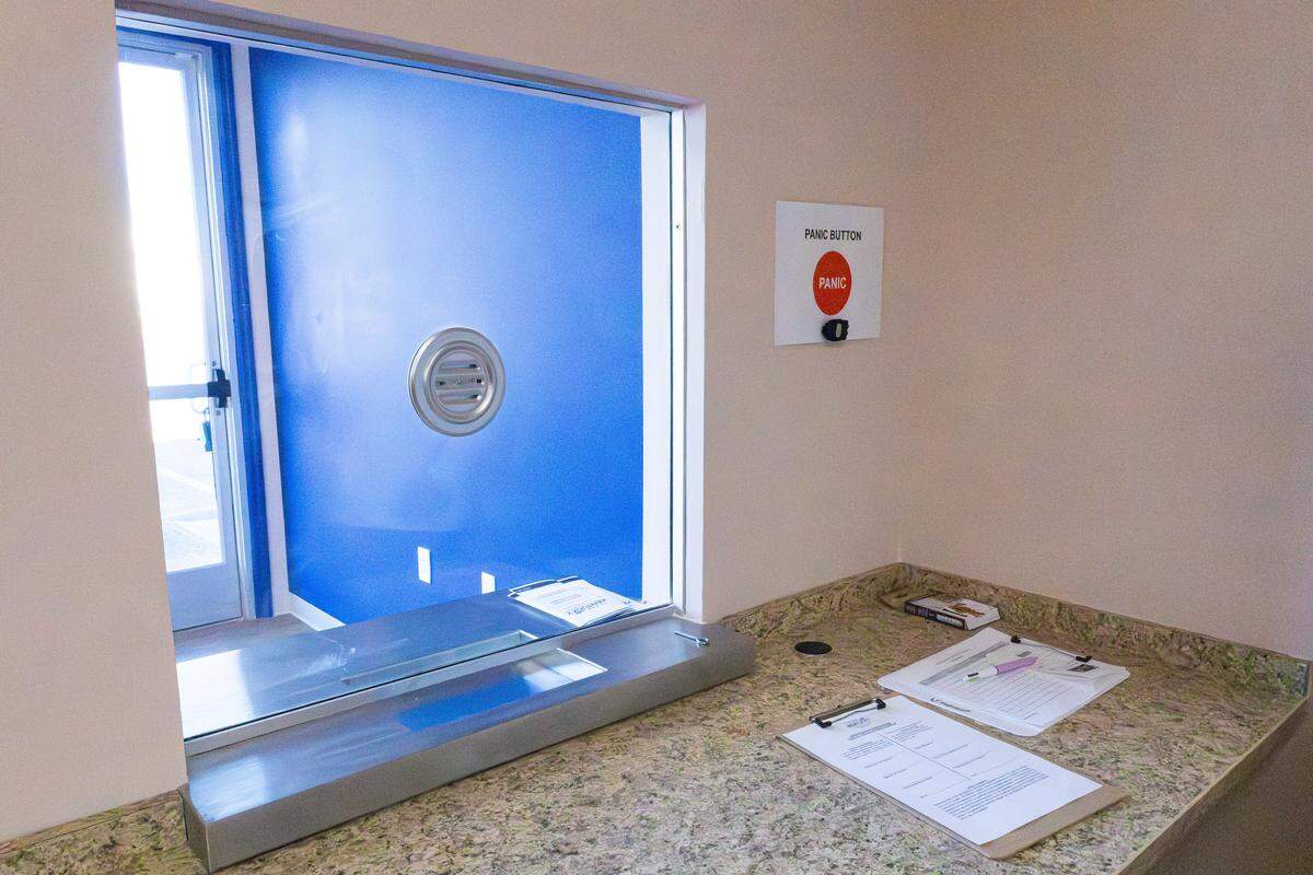 Customers will interact with a company representative through a service window, behind a secure door at Blue Sage, a new medical marijuana dispensary set to open on 172 Imperial Way, in Nicholasville, Ky,  on Jan. 12, 2026.