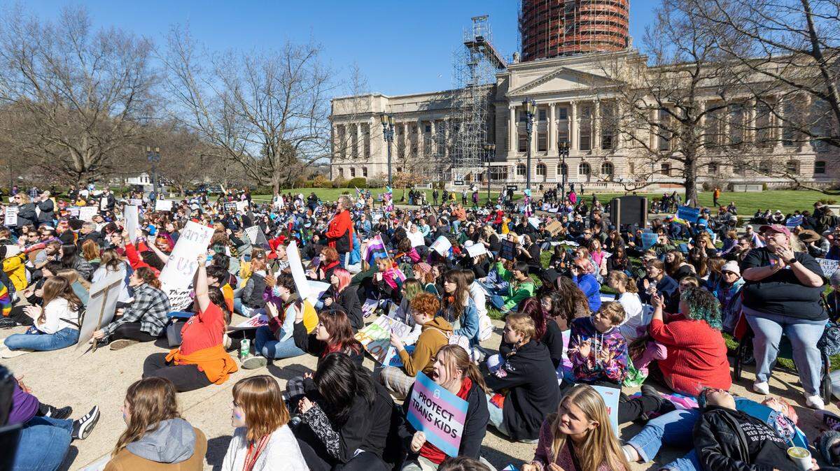 Teens from various areas of Kentucky gathered in front of the Kentucky Capitol Annex building Wednesday morning to protest against SB150 which would ban gender-affirming health care for transgender teens, March 29, 2023