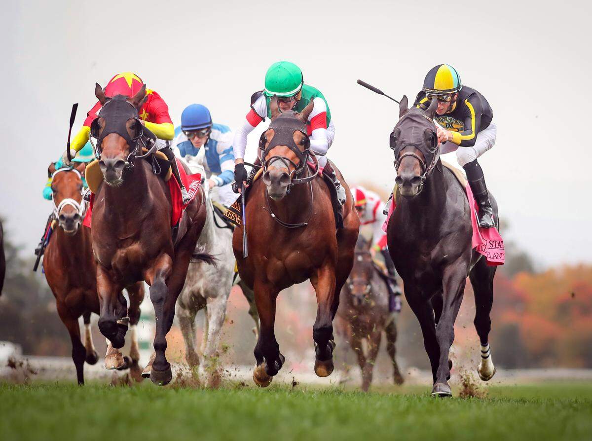 Runaway Storm with Colby Hernandez up (center) wins the $300,000, Grade 3 Bryan Station Stakes for 3-year-olds on the final afternoon of the Keeneland Fall Meet on Saturday. The track enjoyed its second-highest Fall Meet wagering handle ever in 2023.