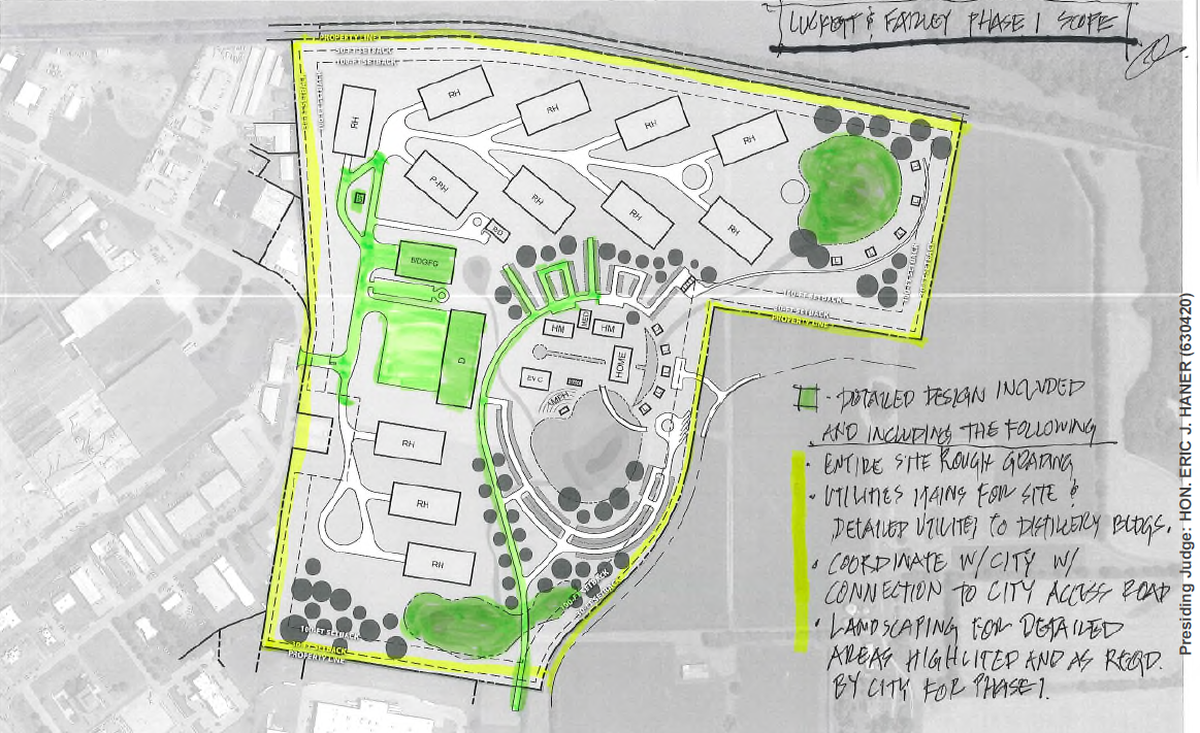 A map of the project was included in Luckett & Farley’s exhibits filed with their lawsuit against TKC Distilling, which is operated by Wes Henderson. The architects were designing a new distillery and tourism home for Henderson’s brand, True Story, that was to be built in Versailles, just behind the Kroger Marketplace store and the coming Publix and Lowes.