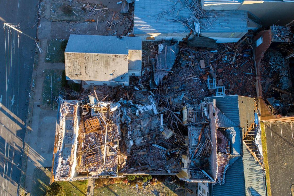 A drone picture of the First United Methodist Church in downtown Mayfield, Ky., take Sunday morning, a day when the church is normally filled for service.
