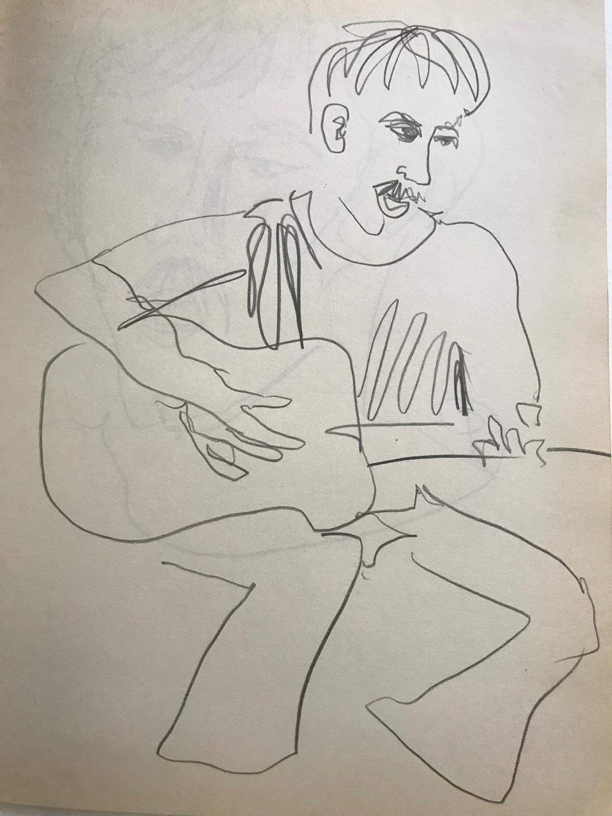 Tona Barkley drew this image of John Harrod in 1969. They met when John stopped in New York on the way to Woodstock. Harrod had brought his guitar to a party, which Barkley sketched. They never made to the festival.