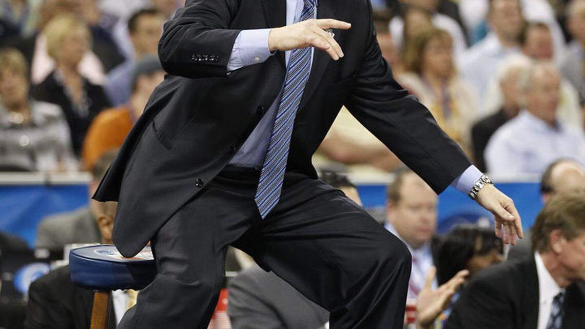 Kentucky coach coach John Calipari in the second game of the men's NCAA Final Four semifinal basketball game Saturday April 2, 2011 in Houston. Photo by David Perry | Staff