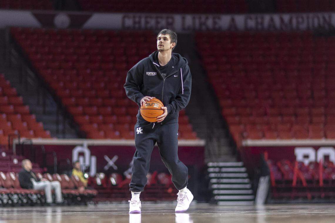 Kentucky guard Kerr Kriisa gets in some shot attempts before a game against Oklahoma at Lloyd Noble Center in Norman on Feb. 26.