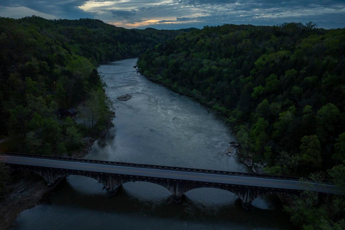 The Cumberland River is photographed at dawn.