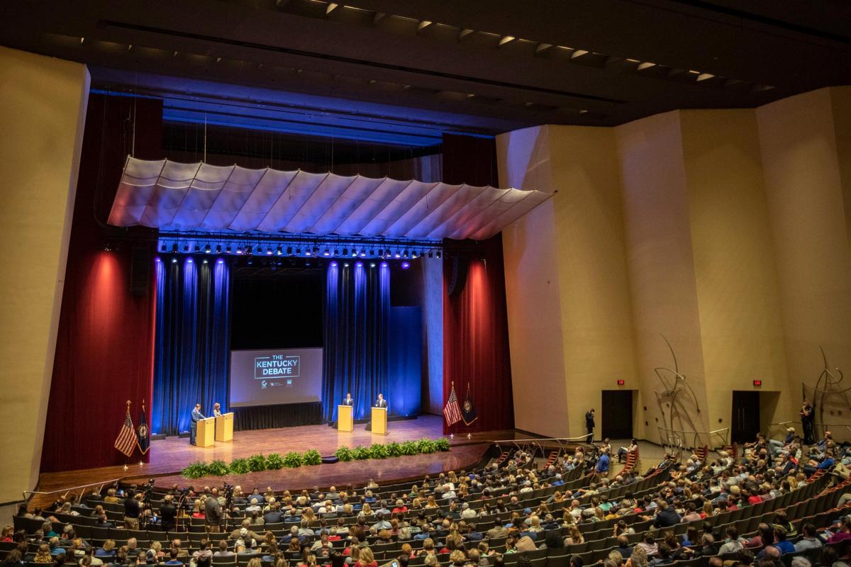 Kentucky Gov. Matt Bevin, Republican candidate for governor, left, and Kentucky Attorney General Andy Beshear, Democratic candidate for Kentucky governor, participate in a debate at the Singletary Center for the Arts on the University of Kentucky campus in Lexington, Ky., Tuesday, Oct. 15, 2019.