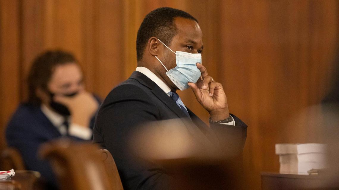 Kentucky Attorney General Daniel Cameron listens as the Kentucky Supreme Court hears arguments in a case that will decide whether Kentucky Gov. Andy Beshear’s emergency COVID-19 regulations, like wearing a mask, are constitutional at the Supreme Court chamber in the state Capitol in Frankfort, Ky., Thursday, Sept. 17, 2020.
