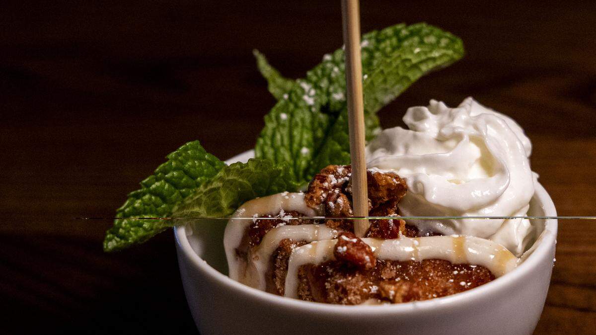 A smaller dessert “when just a bite or two will do” offered at Carson’s Back Porch is the Bread Pudding Pop ($2). Fried and coated in cinnamon and sugar, it is topped with cream cheese frosting, caramel, candied pecans and dusted with powdered sugar. 