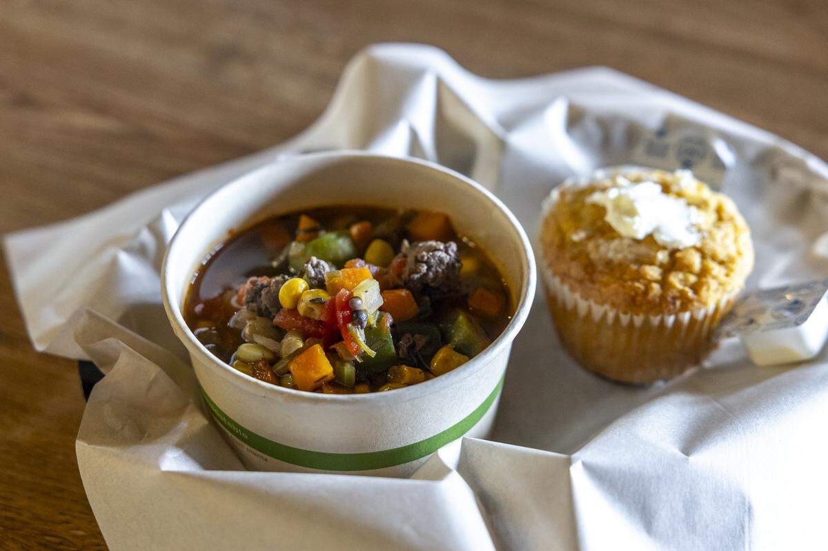 The Elkhorn burgoo is made with elk, rabbit, beef and vegetables and is served with a corn mash muffin made from spent barrel house grains at Elkhorn Tavern in the Distillery District in Lexington, Ky.