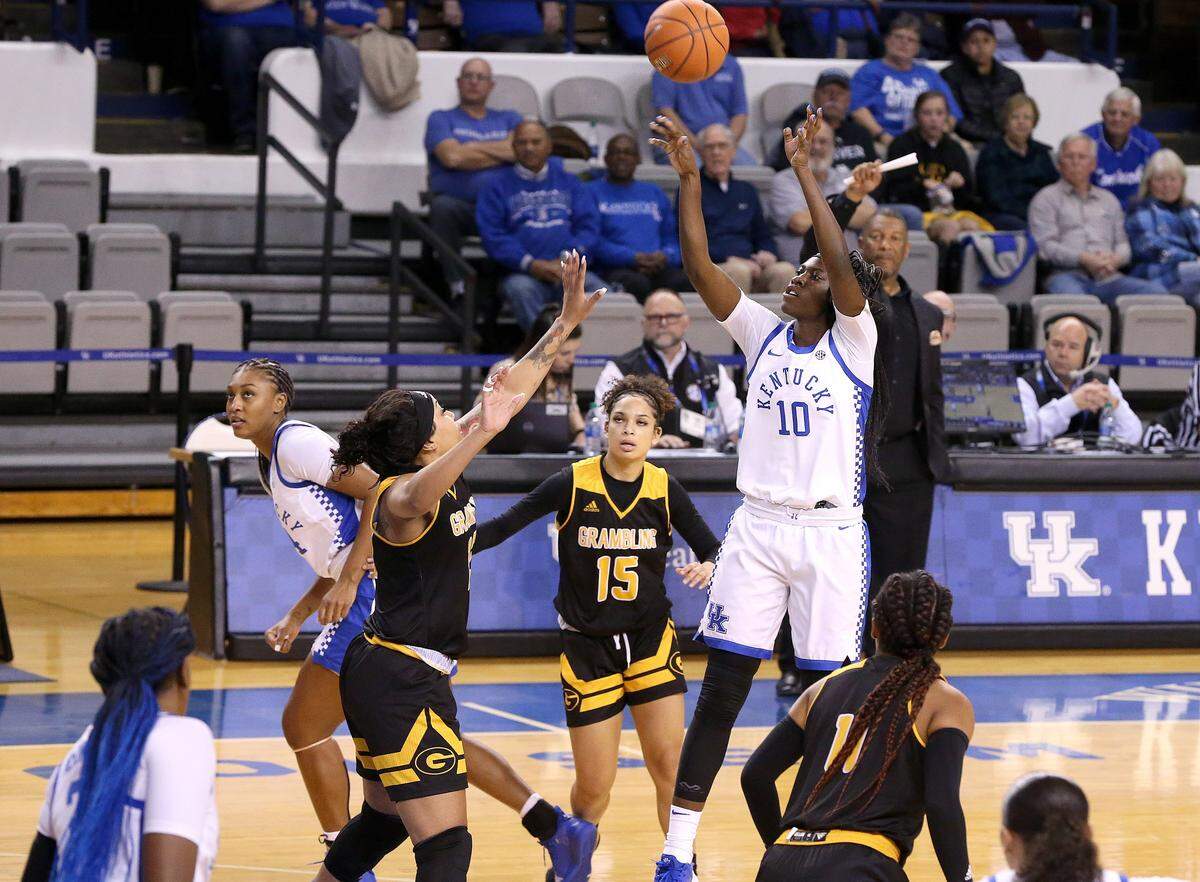 Kentucky’s Rhyne Howard scored 27 points in the Wildcats’ 81-35 win over Grambling State on Nov. 26, 2019, in Memorial Coliseum in Lexington. Howard averaged 23.4 games this season as a sophomore.