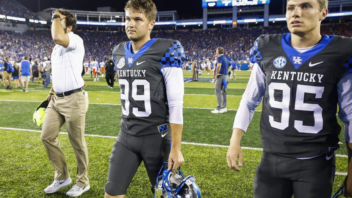 Senior Miles Butler (95) is one of a couple players competing to replace UK’s all-time leading scorer, Austin MacGinnis (99), this season. Butler said he’s learned a lot from the former Cats kicker.