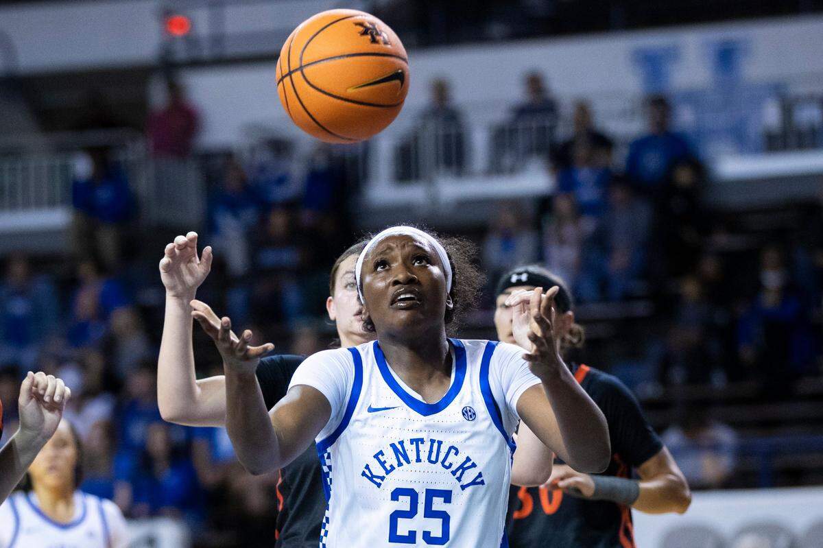 Adebola Adeyeye grabs one of her game-high 15 rebounds during Wednesday night’s exhibition against Pikeville.