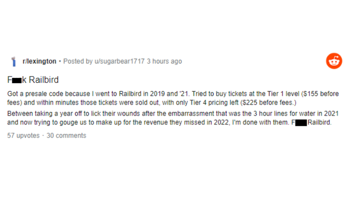 Some users in the Lexington subreddit expressed displeasure at the cost and availaibty of Railbird tickets after the music festival’s presale on Dec. 8, 2022.