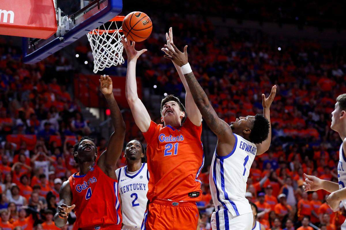 Kentucky basketball guard Reed Sheppard talked to the media after the Wildcats rallied from an eight-point halftime deficit to beat the Florida Gators 87-85 in Gainesville on Jan. 6.