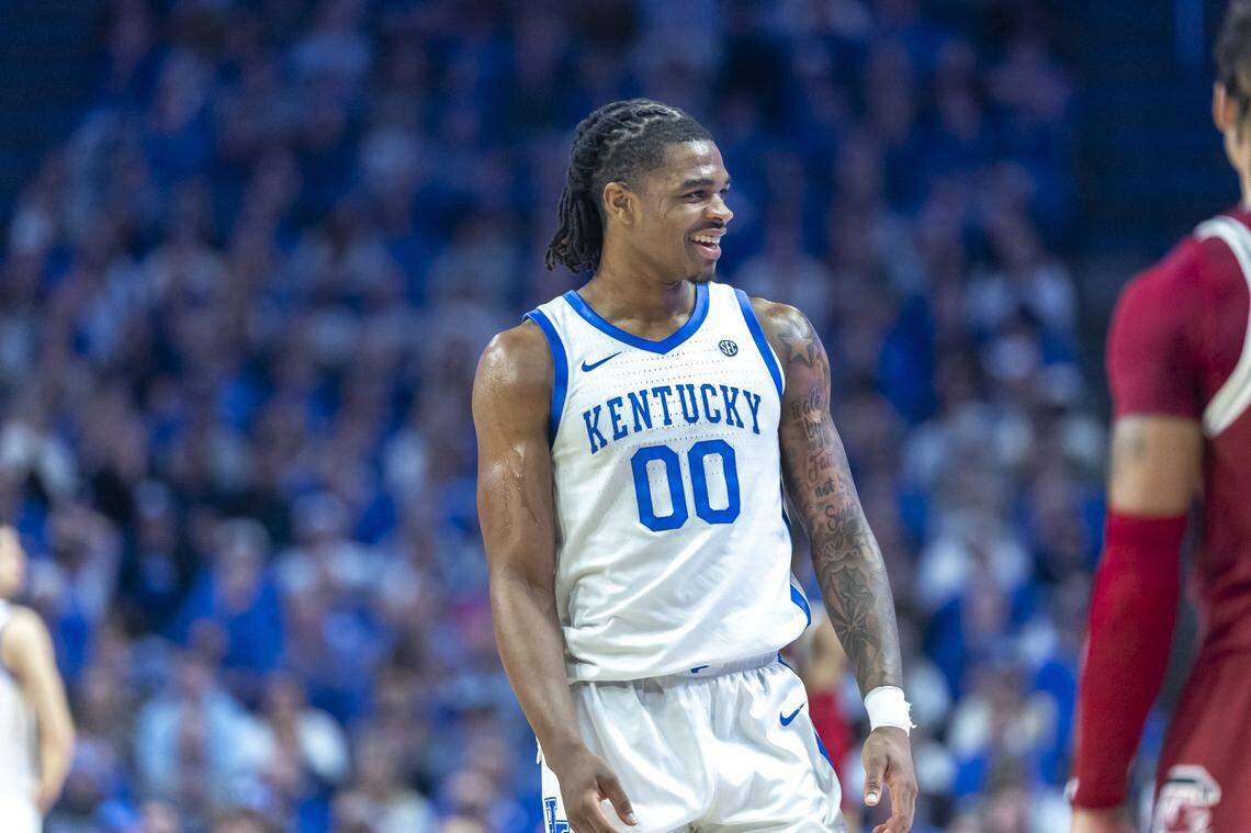 Kentucky guard Otega Oweh (00) smiles during Saturday’s game against South Carolina at Rupp Arena.