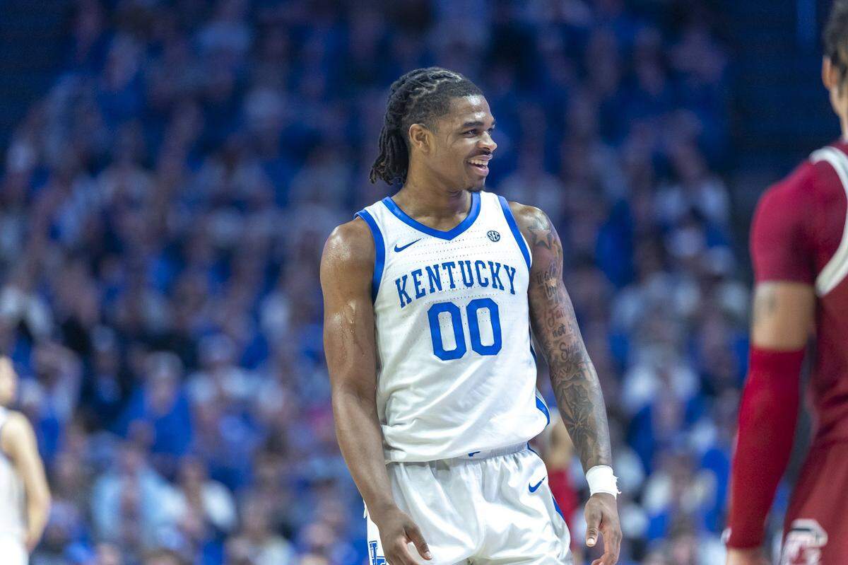 Kentucky guard Otega Oweh (00) smiles during Saturday’s game against South Carolina at Rupp Arena.