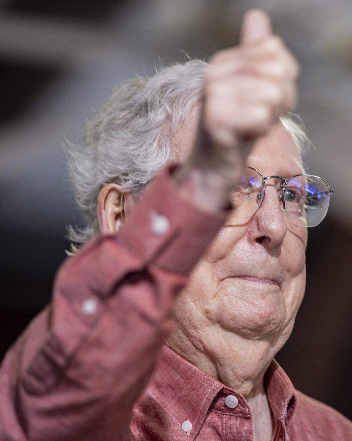 Mitch McConnel holds a thumbs up towards the crowd during Fancy Farm Picnic on Saturday, Aug. 2, 2025, at St. Jerome Church in Fancy Farm, Ky.