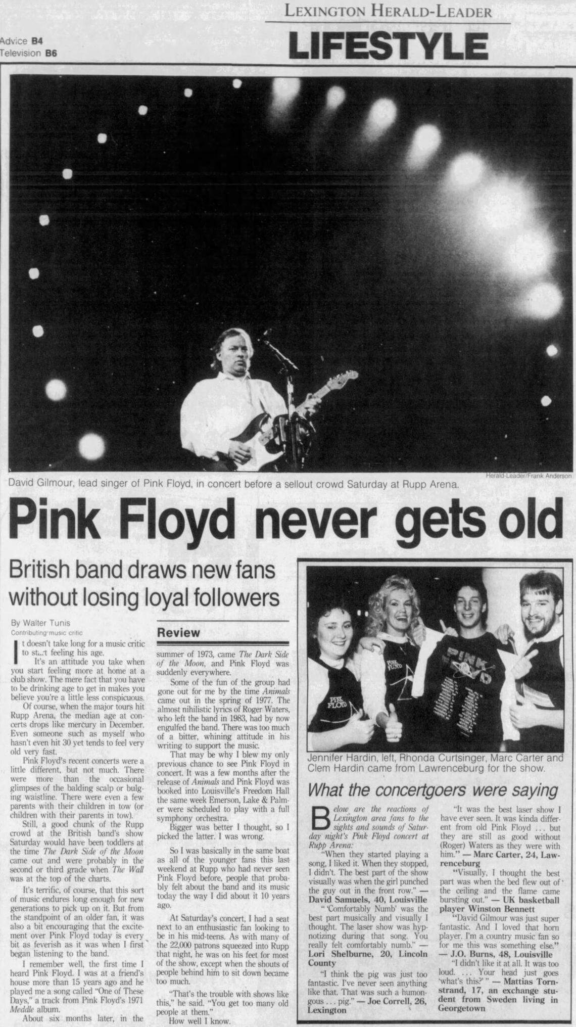 A Walter Tunis review of a Pink Floyd concert at Rupp Arena in the Herald-Leader in 1987.