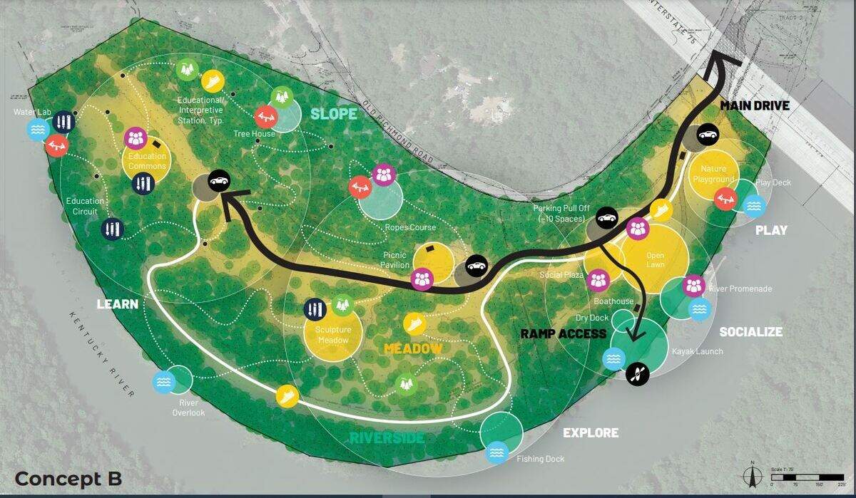 Kelley’s Landing is a new 30-acre park adjacent to the Kentucky River off of Old Richmond Road. A draft design of the park includes a fishing pier, a river promenade, a launch for non-motorized boats, multiple play areas and hiking trails.