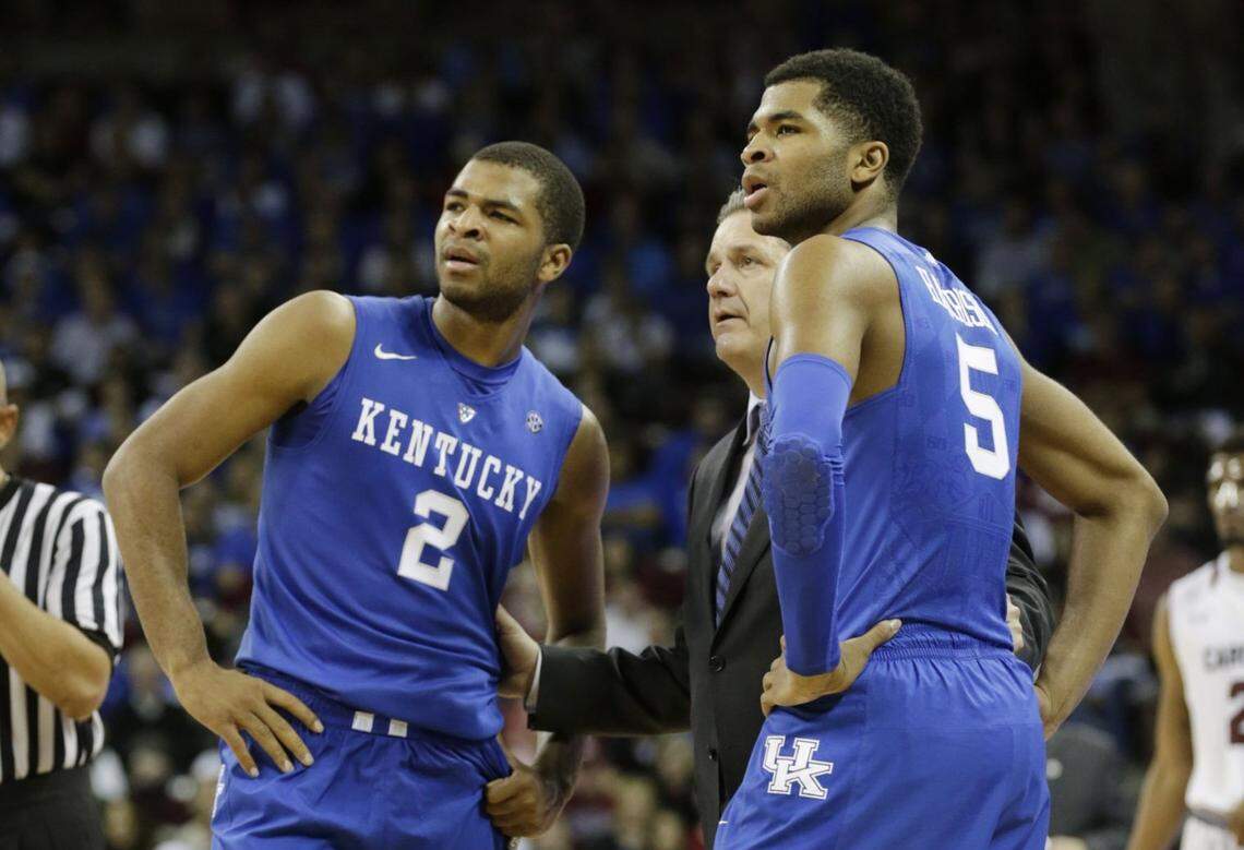 Aaron Harrison, left, and Andrew Harrison formed John Calipari’s starting backcourt at Kentucky for his final two Final Four runs as the Wildcats’ head coach in 2014 and 2015.