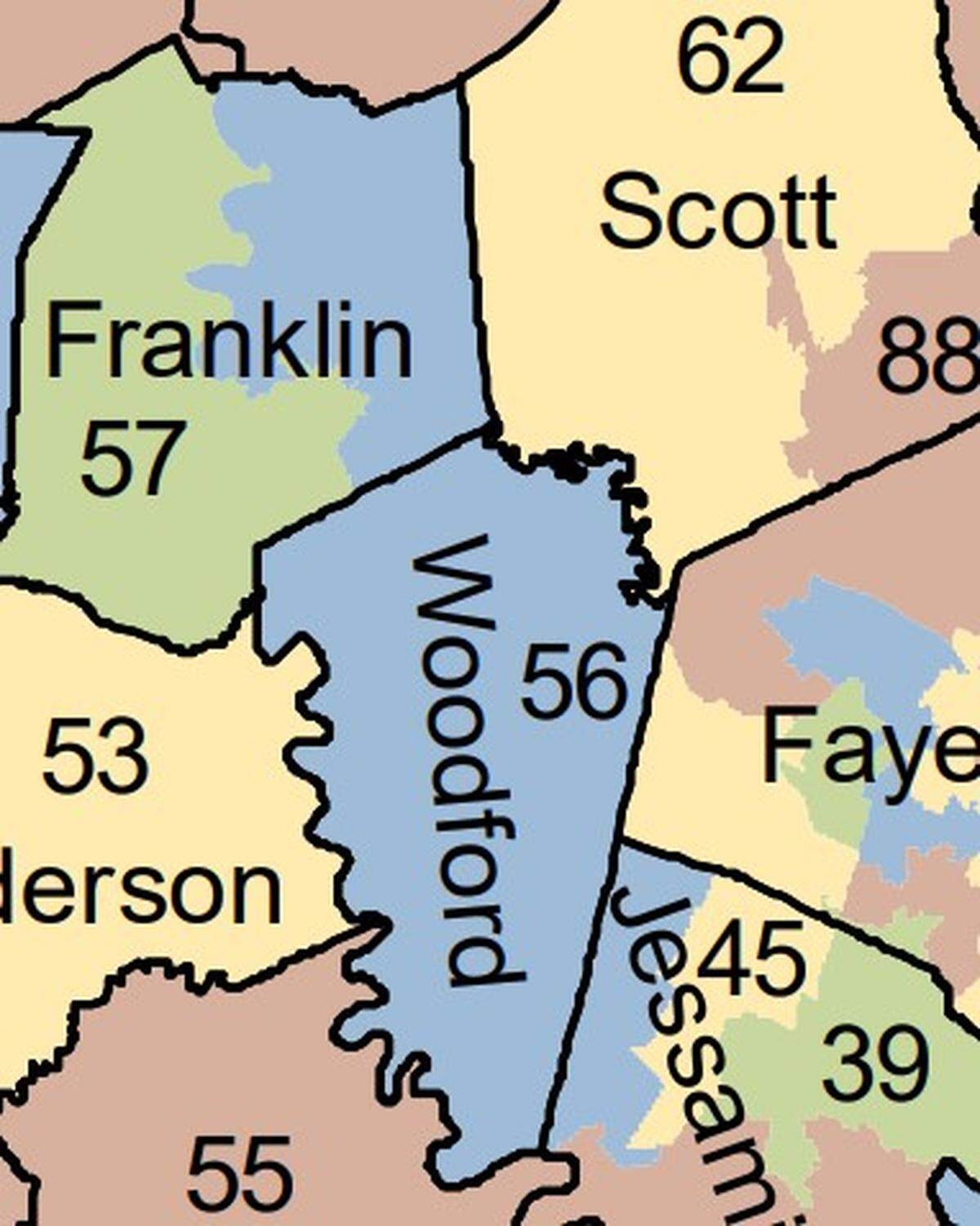 A map of the 56th House District, including all of Woodford County and portions of Franklin and Jessamine counties.