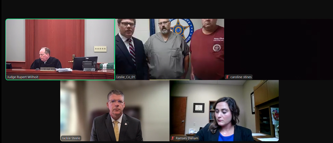 Sheriff Shawn “Mickey” Stines appeared virtually in a Carter County courtroom Sept. 25, 2024. Stines is charged with killing District Judge Kevin Mullins in Mullins’ office in the Letcher County courthouse on Sept. 19. Stines has pleaded not guilty.