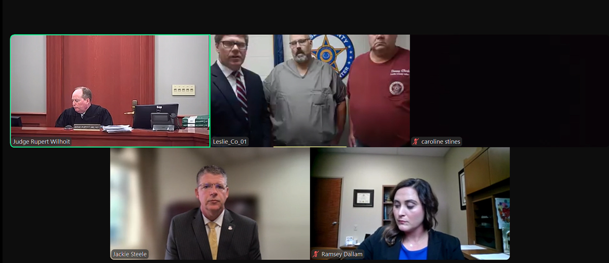 Sheriff Shawn “Mickey” Stines appeared virtually in a Carter County courtroom Sept. 25, 2024. Stines is charged with killing District Judge Kevin Mullins in Mullins’ office in the Letcher County courthouse on Sept. 19. Stines has pleaded not guilty.