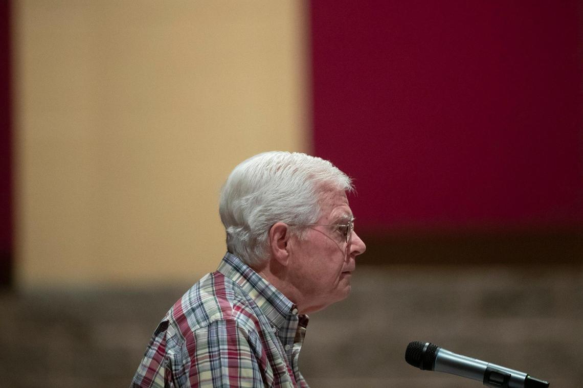 Tom Isaac speaks during a public comment portion of an Anderson County Fiscal Court meeting on Tuesday, July 19, 2022, about a proposal to change zoning to allow Buffalo Trace Distillery to construct warehouses on what was formerly classified as agricultural land. Isaac was against the rezoning.