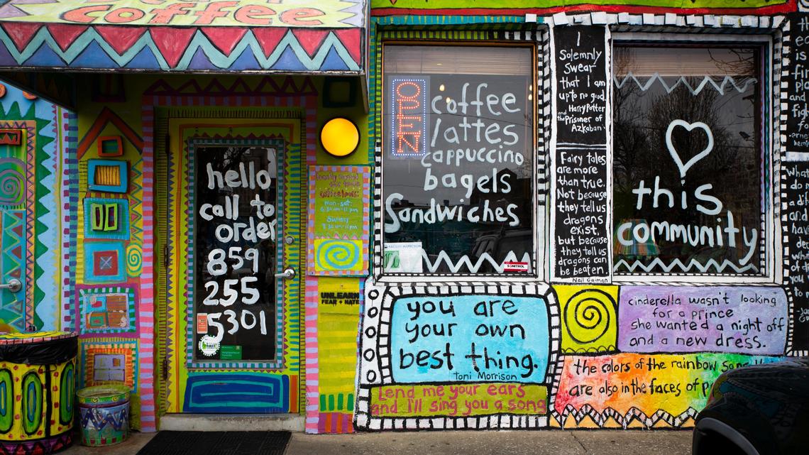 Writing on the windows and doors of Third Street Stuff and Coffee let customers know of their change to takeout only.