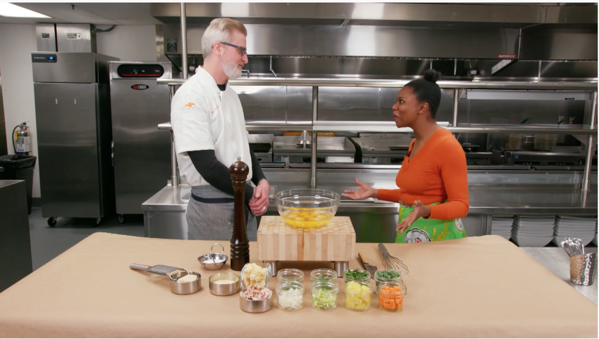 Keeneland Hospitality executive chef Marc Therrien and Black Soil KY co-founder Ashley Smith prepared a frittata from the ingredients in the new Black Soil meal kits.