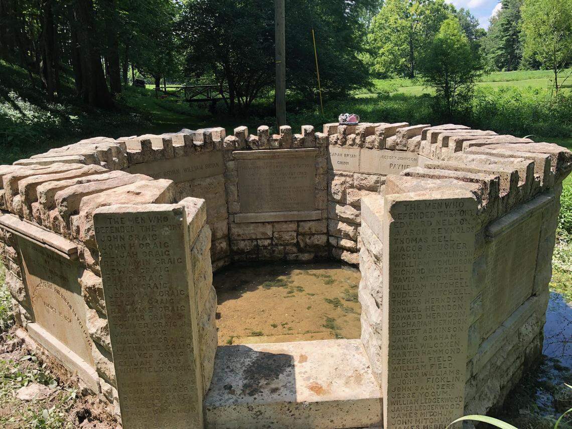 The octagon shaped Bryan Station structure was erected in 1896 by the Lexington chapter of the Daughters of the American Revolution. The structure was created to honor the bravery of women in the Bryan Station fort during the American Revolutionary War.