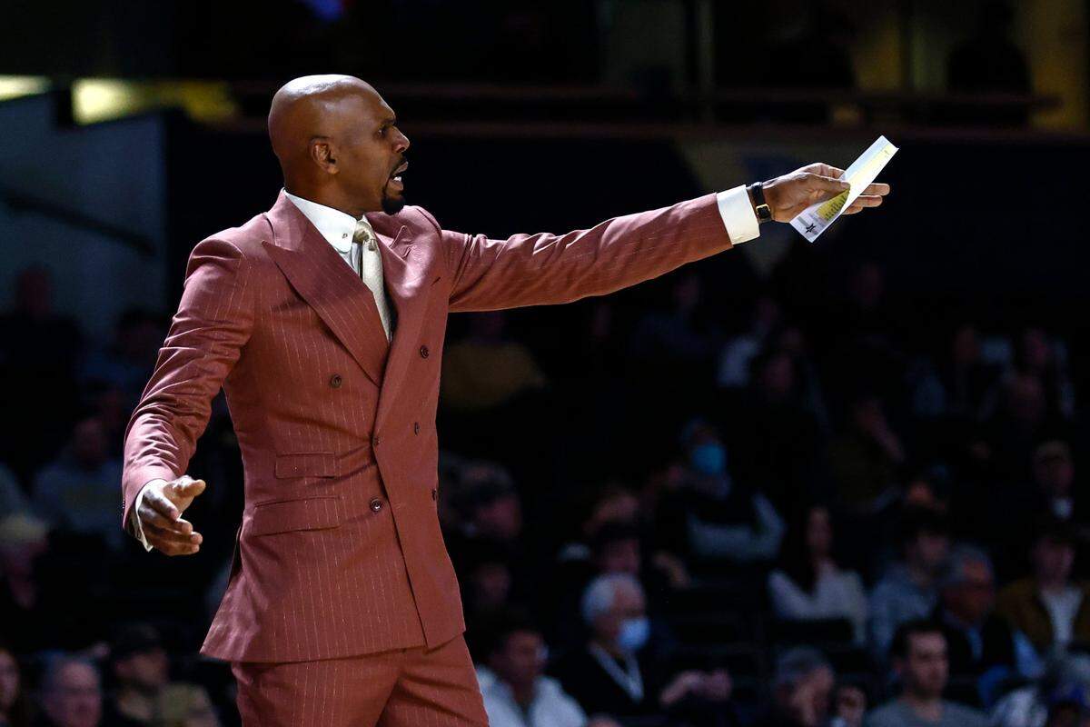 Vanderbilt head coach Jerry Stackhouse reacts to a call during an NCAA college basketball game against South Carolina Saturday, Jan. 8, 2022, in Nashville, TN. (AP Photo/Wade Payne)