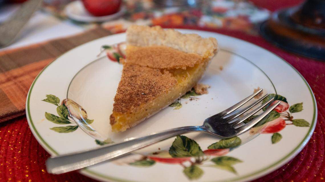 A slice of chess pie baked by Barbara Harper Bach, 87, made from a family recipe passed down to her. November 7, 2025.