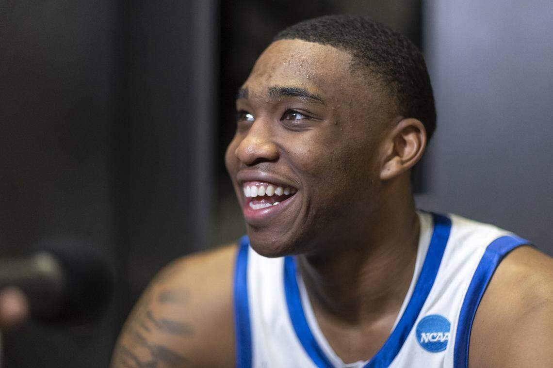 Kentucky forward Brandon Garrison is interviewed following a second-round NCAA Tournament victory against Illinois at Fiserv Forum in Milwaukee.