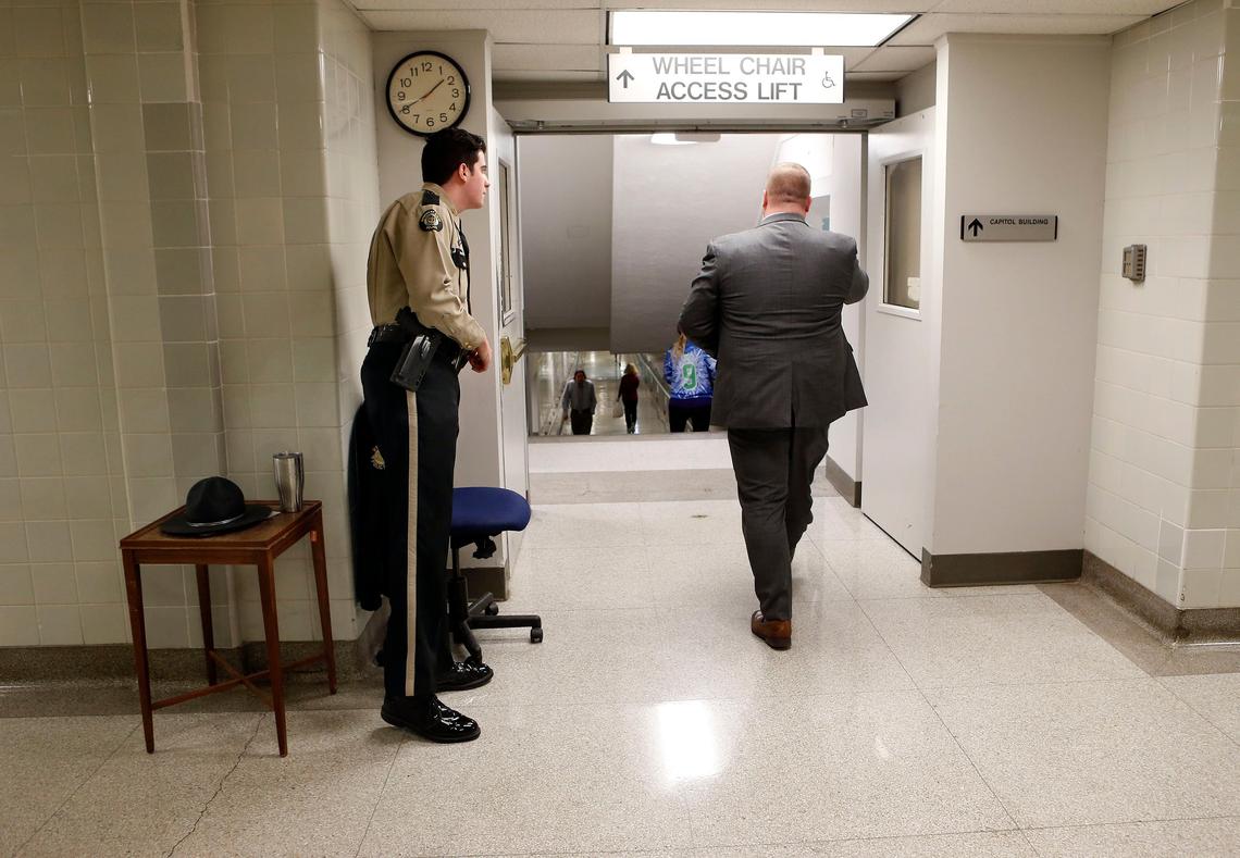 Officer Chris Smith, with Facilities Security for the Kentucky State Police, worked at a new security station at the tunnel leading from the Capitol annex to the Capitol in Frankfort, Ky. Several new security measures have been put into effect at the Capitol. Republican Gov. Matt Bevin on Jan. 4 signed an emergency regulation outlining procedures for the state Finance and Administration Cabinet to implement to “protect the health, safety and welfare of visiting members of the public, as well as staff” in the two buildings and other state facilities and grounds.