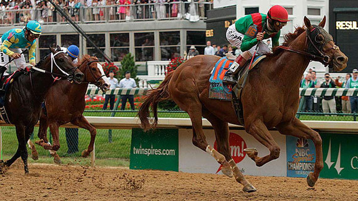 Animal Kingdom with John R. Velazquez up nears the finish line at the 137th running of the Kentucky Derby on Saturday, May 7, 2011, at Churchill Downs in Louisville, Ky.