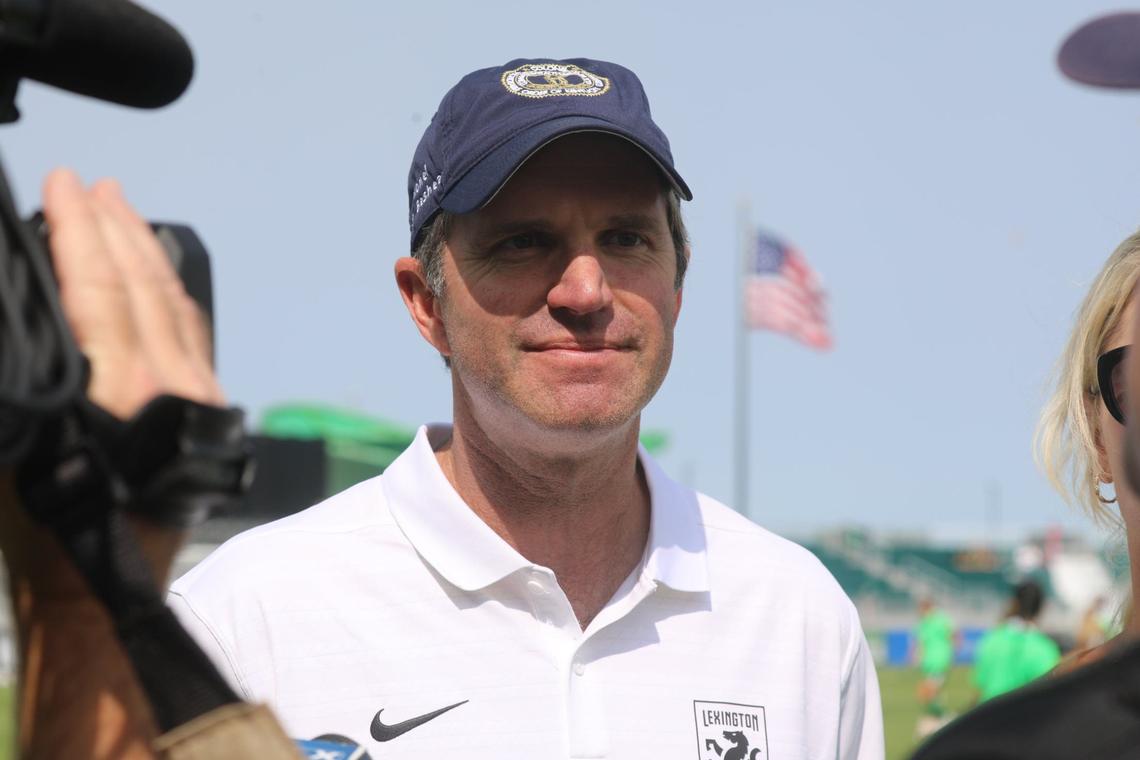Kentucky Gov. Andy Beshear speaks with reporters prior to the opening of the Lexington SC Stadium on Sunday. “Just the feel of it, the look of it, it’s pretty incredible.”