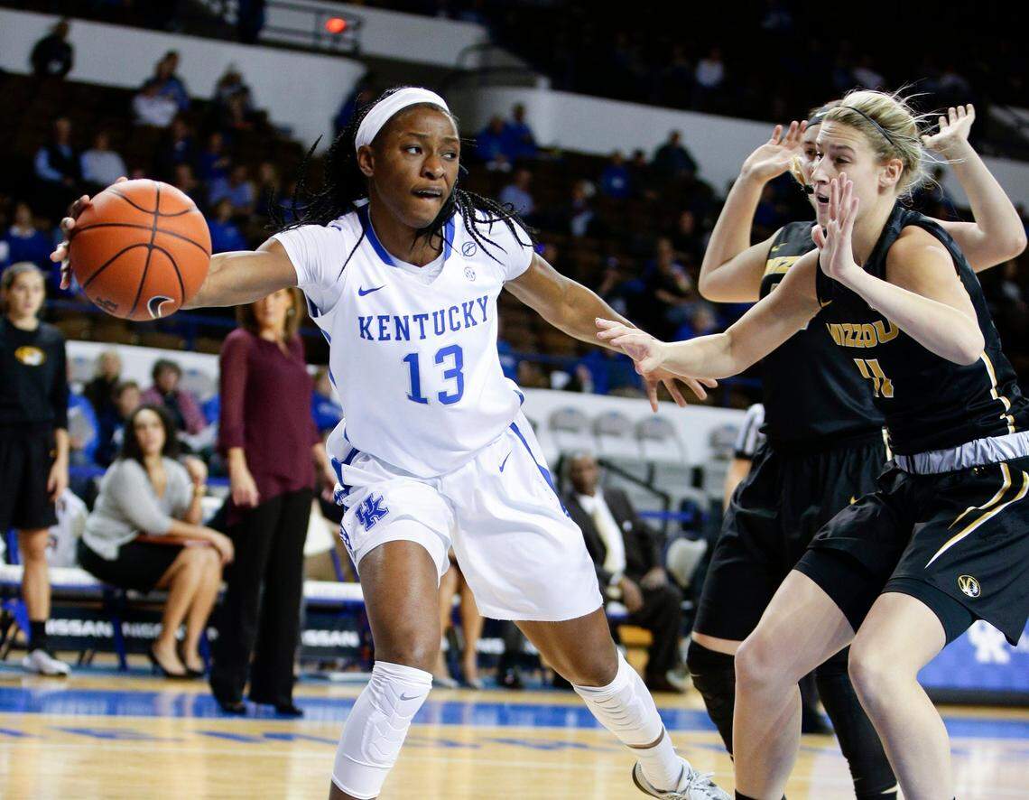 Kentucky center Evelyn Akhator (13) averaged a double-double, 13.7 points and 10 rebounds, for her two-year UK career.